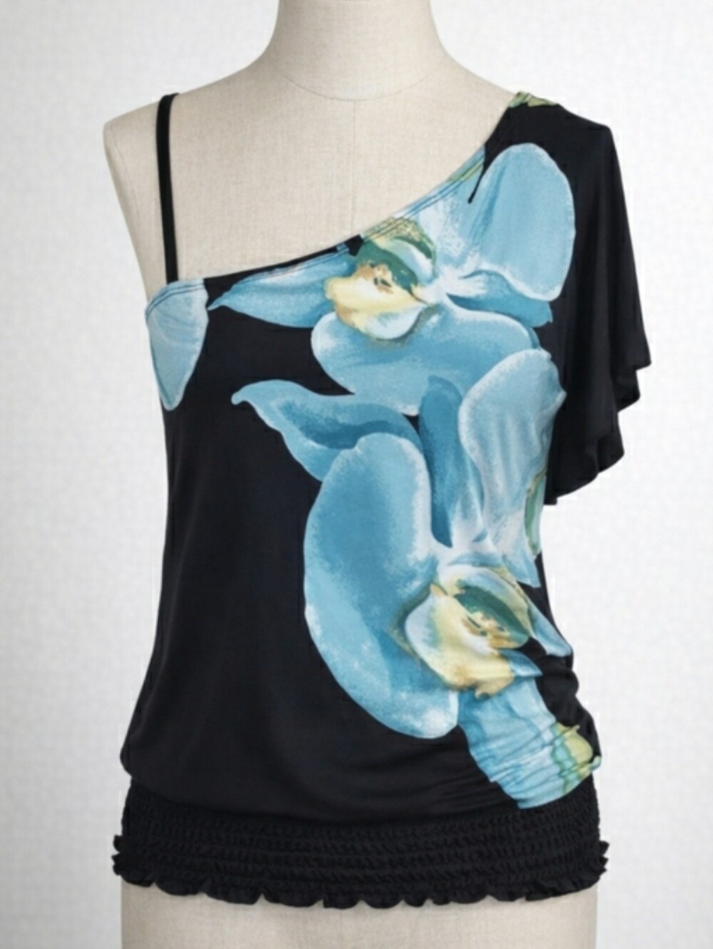 Vintage 90s Y2K One Shoulder Floral Top Black Teal Bold Flower Print Small